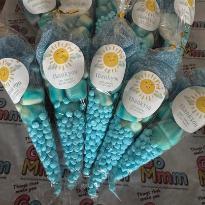 Bouquet of blue candy canes with 'thank you' labels on a branded background